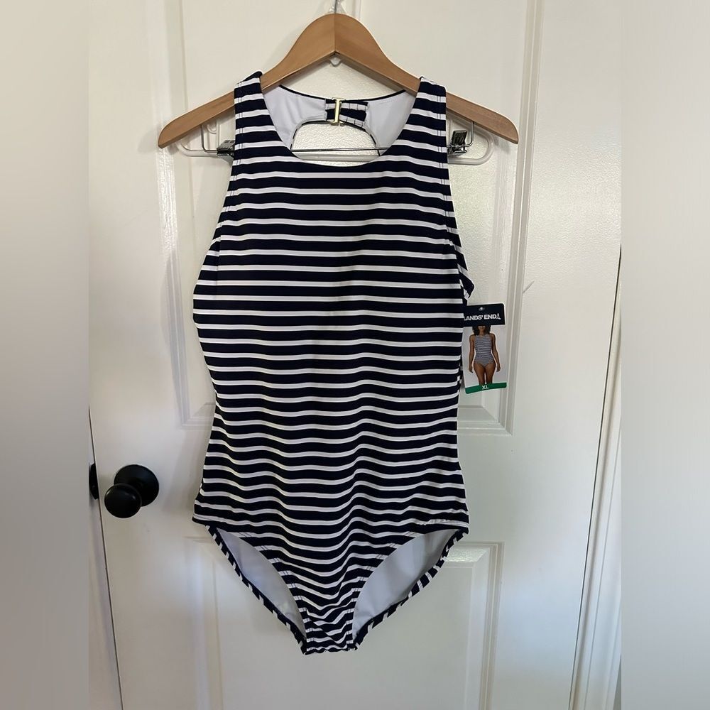 NWT Lands End Navy Stripe High Neck Women Swimsuit Size XL
